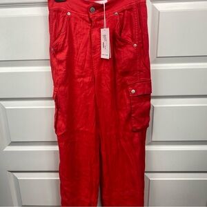 Dear John Linen Blend Marvey High Rise Wide Leg Pant Size 26 Cargo Fire Red